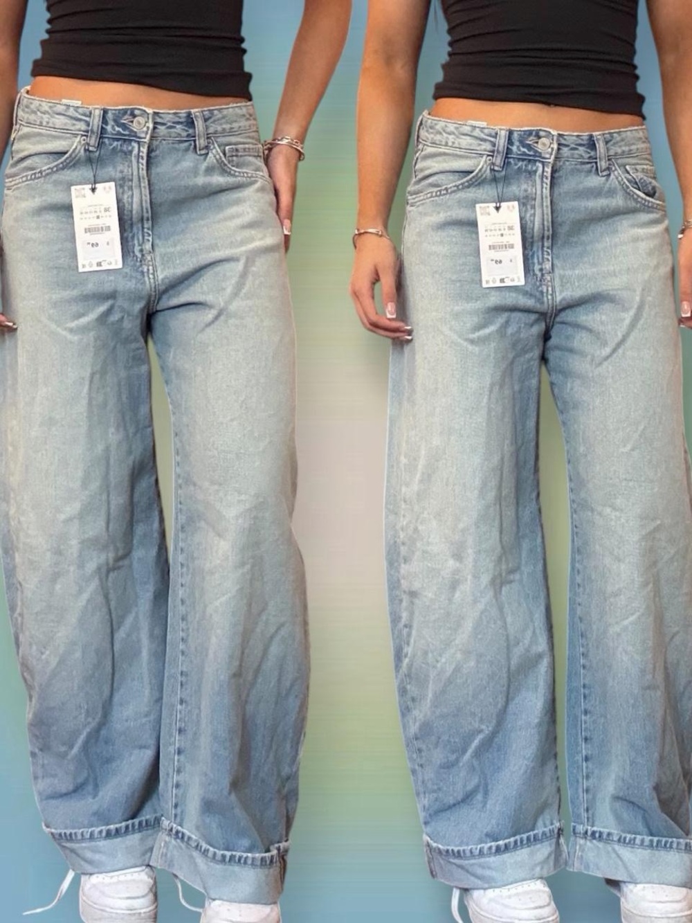 Zara Light Blue Baggy Fold Up Straight-Leg Wide Jeans